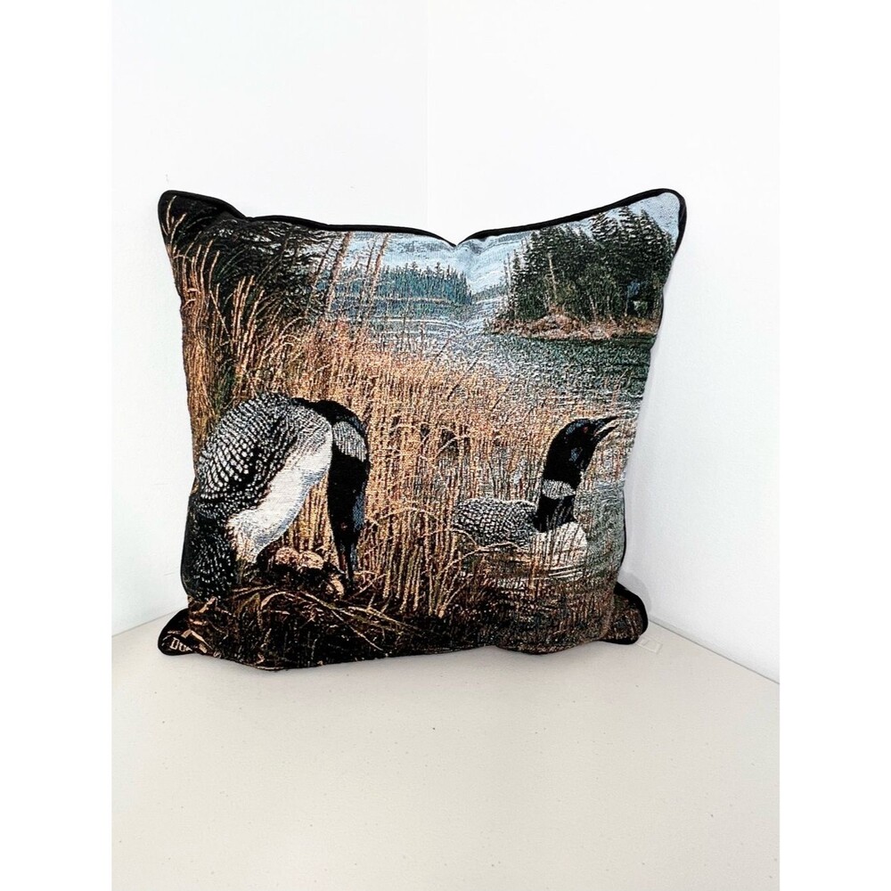 Ducks Unlimited Nesting Loon Pair Forest Rustic Cabin Tapestry Pillow 17”x17”